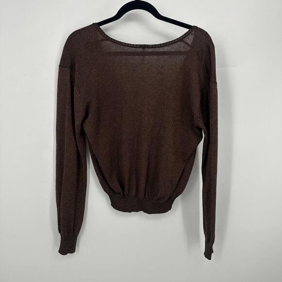 Free People linen long sleeve blouse size XS deep V shiny brown sexy going out - Picture 4 of 9